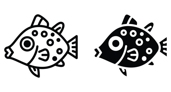 Tropical spotted fish icon set featuring outline and solid silhouette styles for marine life nature ocean and aquarium design projects