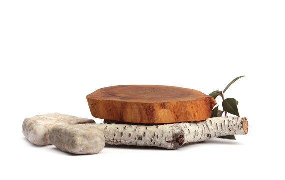 Wooden circle stump tray, Stones platform podium, Leaf  sprout on beige gray neutral natural background. Minimal empty display product presentation scene.