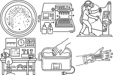 Fototapeta premium Collection of scientific laboratory equipment icons in line art style for research and development, including scientific instruments and testing apparatus