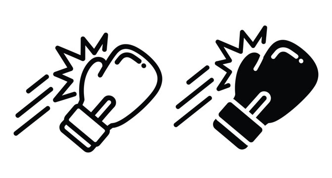 Boxing glove punch icon set with impact effect speed lines and starburst symbol for sports competition training and fitness