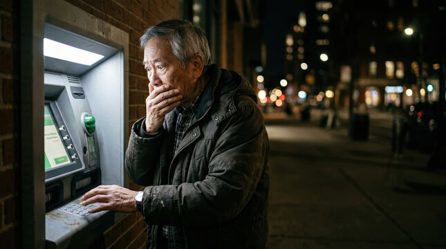 Elderly man withdraws cash at atm urban nightscape emotional scene outliving savings challenge