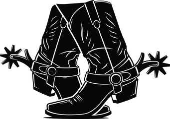 Fototapeta premium Black and white cowboy boots with spurs western footwear illustration