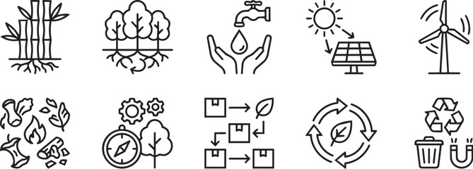 Fototapeta premium Environmental sustainability and green energy line icon set with environment