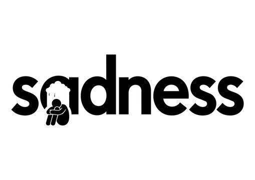 Minimalist sadness typography logo featuring a creatively integrated sad human silhouette and rain cloud within bold modern lettering. Clean black and white vector design symbolizing loneliness