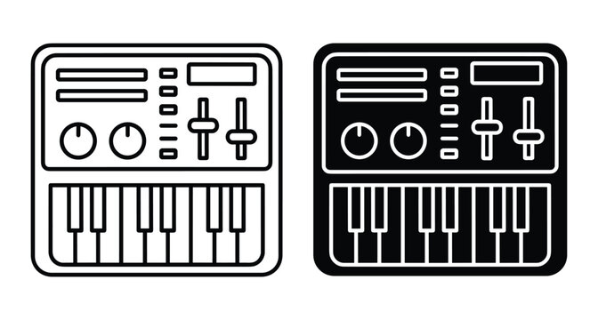 Synthesizer keyboard icon set with piano keys knobs sliders and buttons for electronic music production studio equipment and digital audio workstation