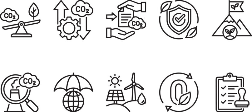 Carbon footprint and climate change mitigation icons with emissions, environment
