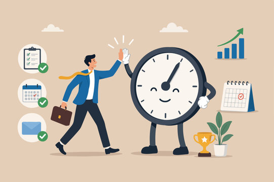 Success time management, finish work and appointment time or work efficiently with high productivity concept, smart businessman celebrate his work by hi five with minute hand on the timer clock