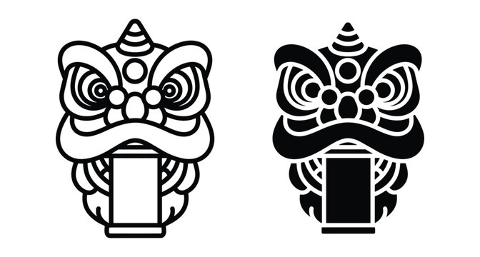 Chinese lunar new year lion dance head icons set with traditional oriental mask and scroll for festival celebration graphic design
