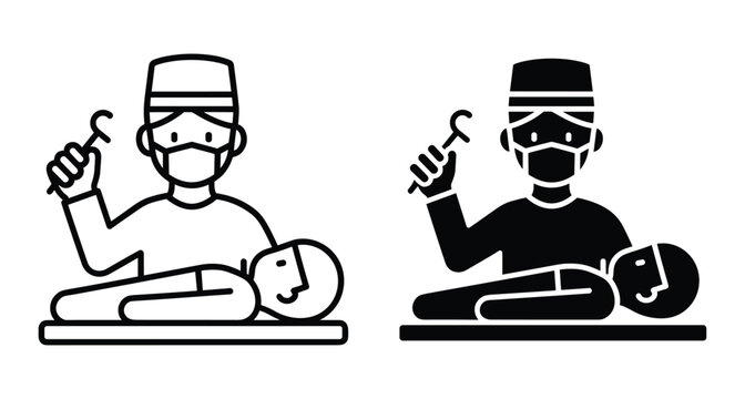 Surgeon performing operation on patient in hospital operating room using surgical tools medical healthcare professional icon set outline and solid