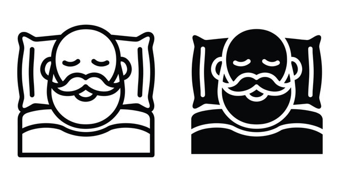 Sleeping man icon set featuring a bearded male character resting in bed with pillow and blanket in outline and glyph styles