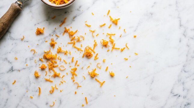 Orange zest scattered on white marble table with kitchen tool.