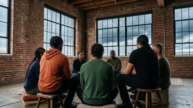 Diverse support group sitting in a circle for therapy in a modern brick loft.