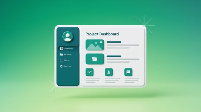 Modern 3D project dashboard interface, professional green software management panel, clean user interface design for business productivity apps