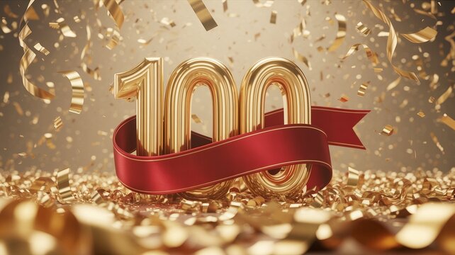 Golden 100 number with red ribbon and falling confetti for celebration