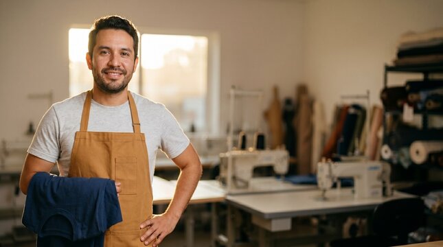 Hispanic male entrepreneur in apron standing in modern clothing workshop.