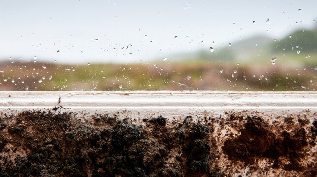 Close-up of a dirty window sill with raindrops outside, blurry landscape background