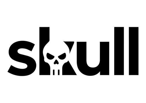 Minimalist skull typography logo featuring a creatively integrated skull symbol within bold modern lettering