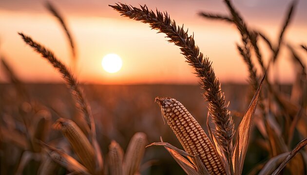 Golden sunset illuminates a ripe cornfield, with stalks in soft focus