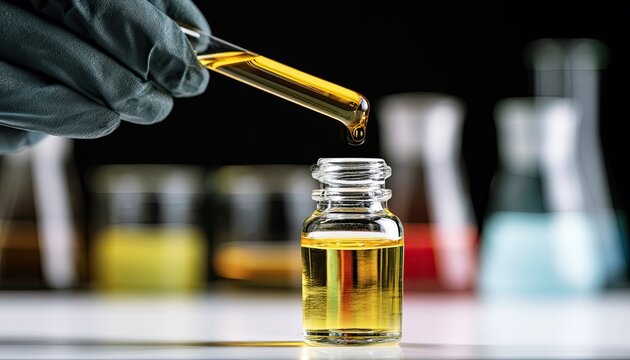 Liquid drips from pipette into vial, colorful lab flasks background