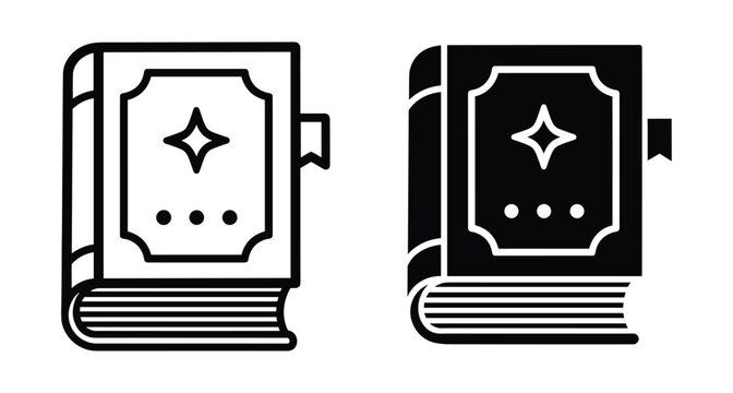 Magic spellbook icon set with star symbol bookmark and decorative cover design for fantasy games storytelling literature and mystical library concepts
