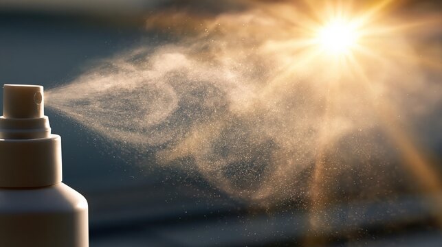Sunlight illuminates spray mist from a bottle