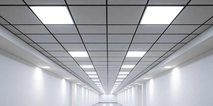 Perspective view of a modern, brightly lit corridor with a grid ceiling