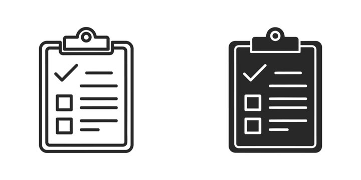 Checklist clipboard with checkmarks and lines in clean outline and solid graphic styles on white background for planning