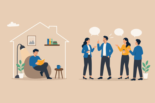 Introvert and extrovert, human stereotype personality, contrast between people who think inside and not talking much and talkative socialize person