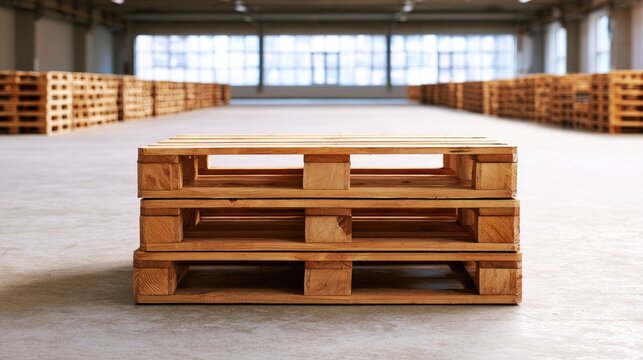 Stacked wooden pallets in a large, empty warehouse
