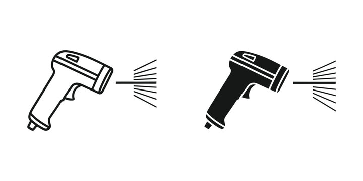 Infrared thermometer gun emitting laser beam against white background simple flat design