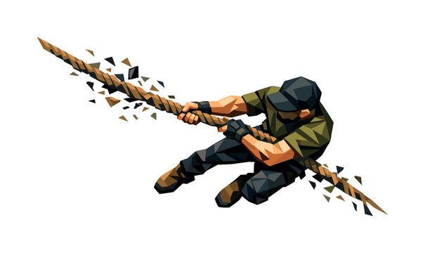 sailor rope pull, the obstacle and tension moment where the rope resists or slips slightly, body reacting with strain and grip