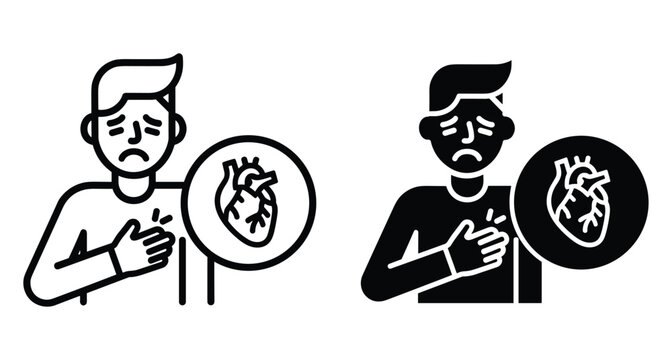 Man clutching chest suffering from heart attack or cardiac arrest symptoms with anatomical heart icon in outline and solid style