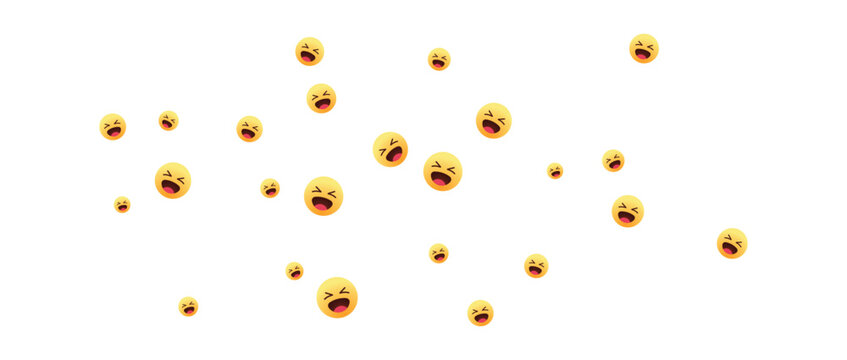 Many laughing yellow face emojis scattered around as a pattern of happy expressions for social media communication designs and digital messaging chat icons in a bright festive style