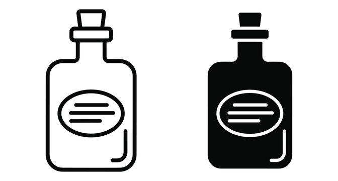 bottle icon set with cork and label for medicine potion chemical laboratory glass container liquid pharmacy health medical science research