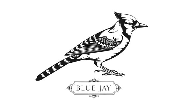 Very beautiful black-and-white engraved vector illustration featuring a Blue Jay with intricate feather details and an elegant engraved label reading "BLUE JAY", isolated on white background.