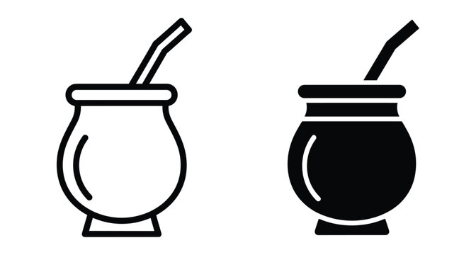 Yerba mate gourd icon set with bombilla straw traditional South American herbal tea drink symbols in outline and solid style