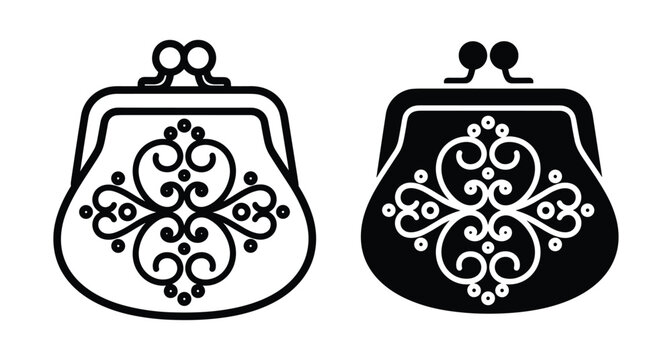 Vintage coin purse icons with ornate filigree pattern set of two black and white line art and silhouette designs