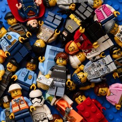 Obraz premium Tambov, Russian Federation - February 02, 2026 Heap of Lego minifigures on a blue baseplate background