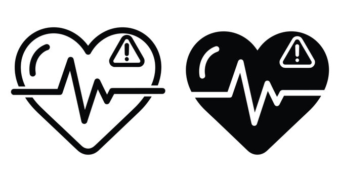 Heart attack warning icon set with heartbeat pulse line and exclamation mark symbol for medical emergency and cardiac health monitoring