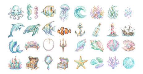 Fototapeta premium Ocean Sea Life Watercolor Vector Set with Coral Reef Fish and Dolphin