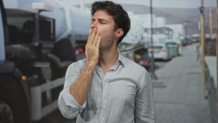 Fototapeta premium Man with bare forearms raised and grimacing gesture on street near parked truck and sidewalk; frustration determination.
