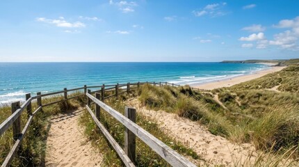 Fototapeta premium Sunny beach dunes and a wooden fence along the coastline with ocean views for a summer vacation. Peaceful seashore landscape for a