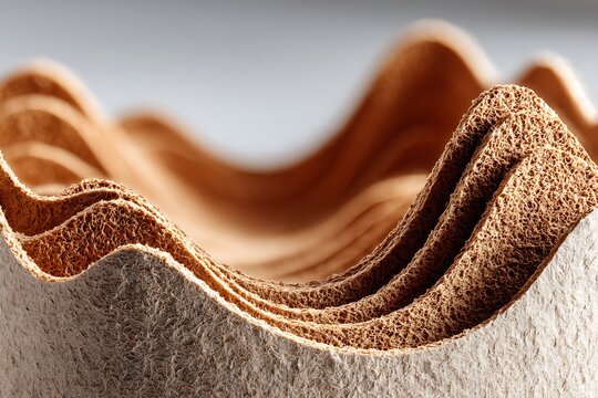 A macro shot of layered organic structures with a porous texture, resembling natural waves in earthy beige and brown tones.