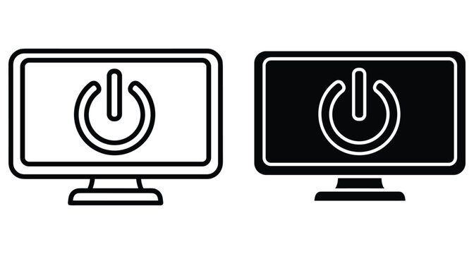 Computer monitor screen with power button icon set in outline and solid black style for technology interface and hardware design