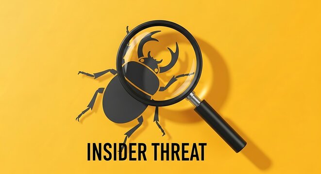 Insider threat cybersecurity concept, software bug under magnifying glass, digital security vulnerability on yellow background