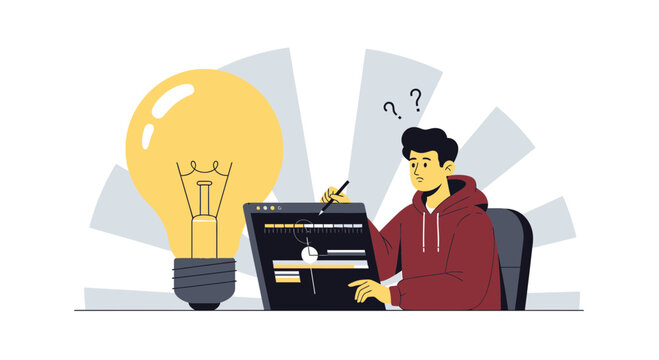 Graphic Designer Struggling with Idea Generation, Symbolized by a Large Lightbulb and Question Marks