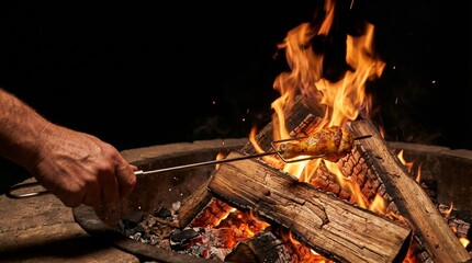 Fototapeta premium Chicken roasting over open campfire with glowing flames at night