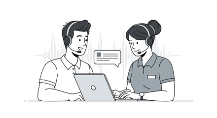 Fototapeta premium Diverse customer service team collaborating on laptop, communication and technology concept