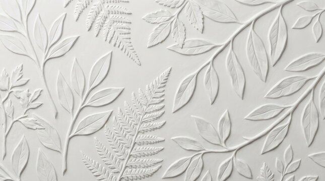White embossed leaf relief texture background with a botanical pattern on a plaster wall panel. Elegant neutral masonry surface
