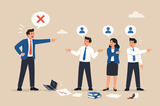 Bad habit blame other, excuse and throw mistake to colleague or team, selfish or offense manager concept, frustrated businessman boss excuse this mistake and pointing to other false